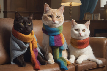 Cat on the sofa in the room. Multi-colored scarf is wrapped around the cat's neck.