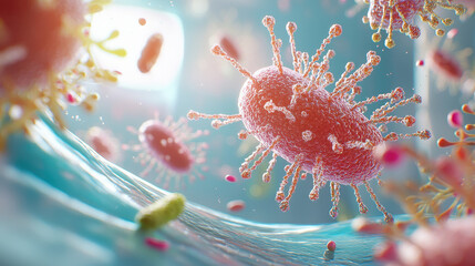 Vibrant detailed digital artwork showcasing microscopic - view cells viruses