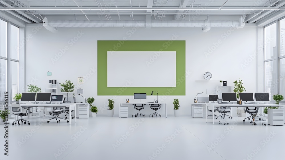 Aufkleber spacious white toned minimalist office interior design with multiple desk setups computer monitors a