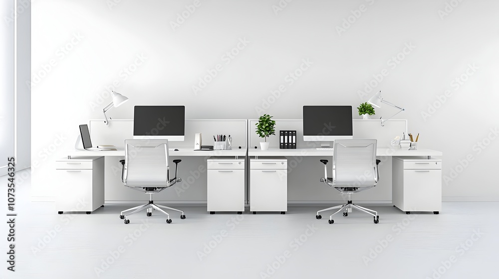 Poster minimal white toned office setup with clean desks computer monitors and blank walls an ideal backdro