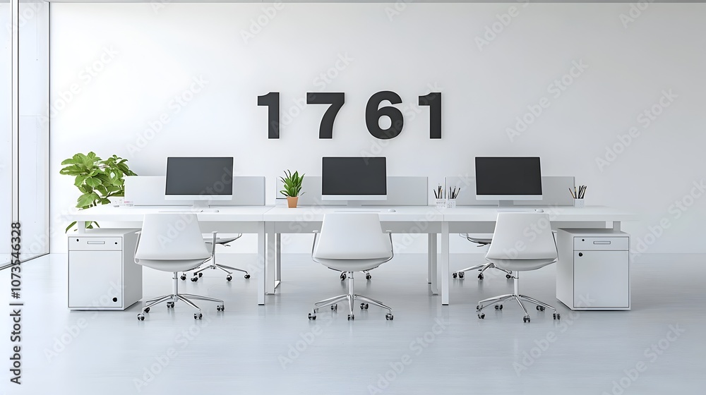 Poster minimal and spacious white office interior design with sleek desks computer monitors and blank wall 