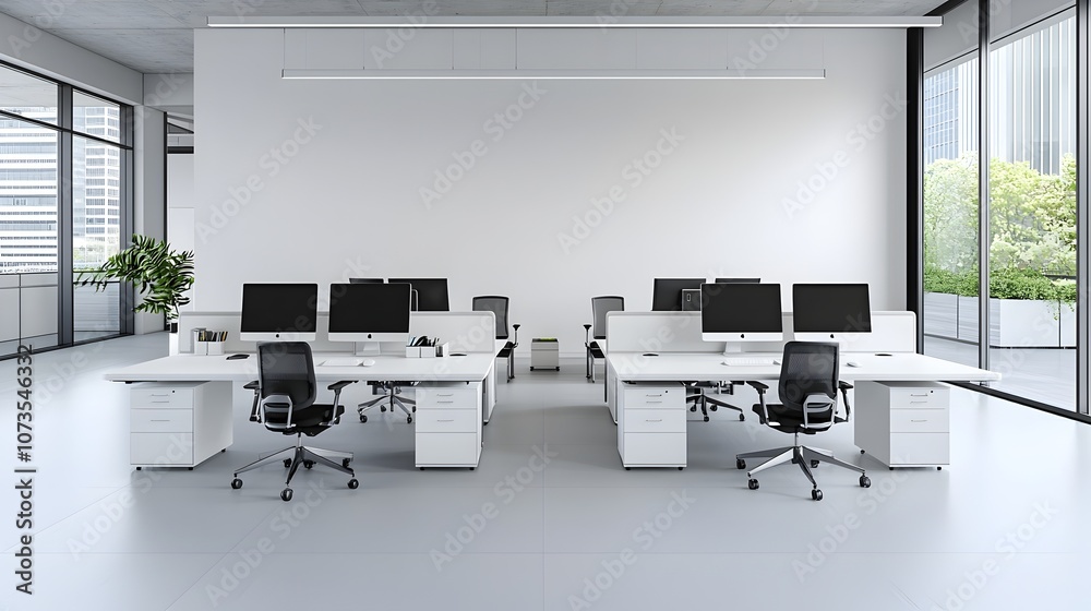 Leinwandbilder sophisticated and streamlined white themed office environment with desks laptop computers and monito