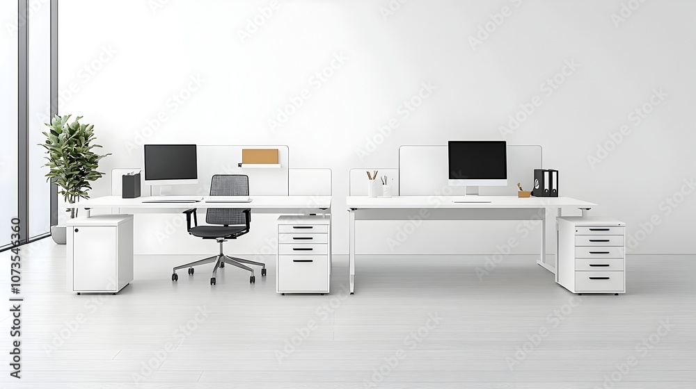 Fototapete spacious and open white office layout with sleek desks and computer monitors providing a blank wall 