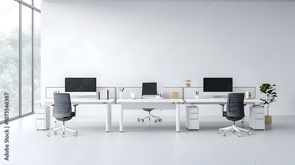 Leinwandbilder minimalist and modern white office interior with sleek desks computer monitors and an open spacious 