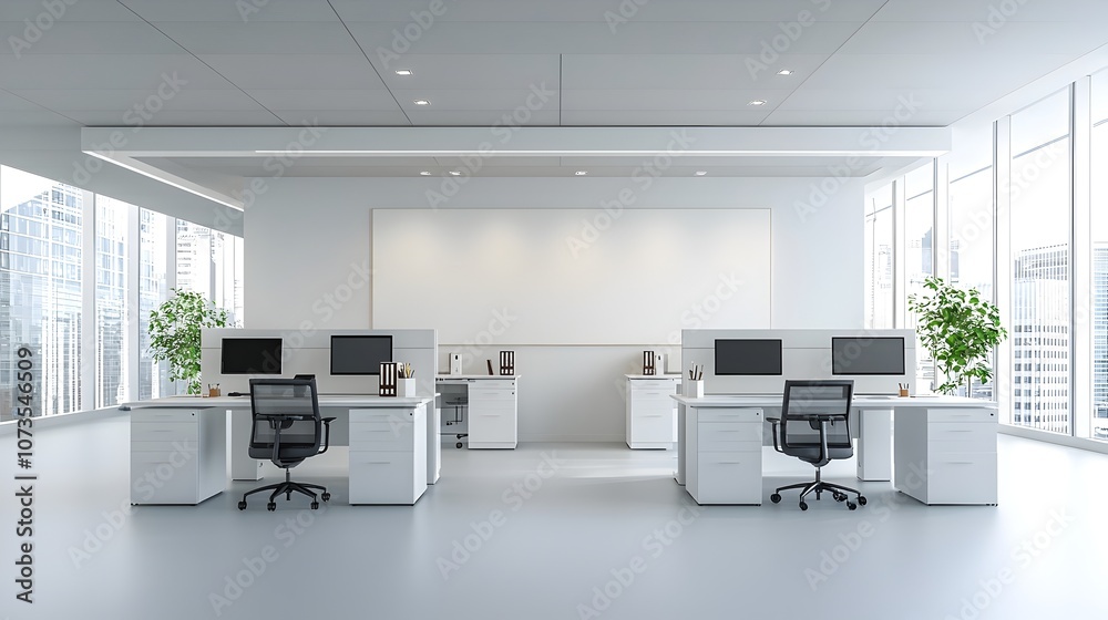 Aufkleber sleek and minimalist modern office workspace with white desks blank wall and simple layout perfect f
