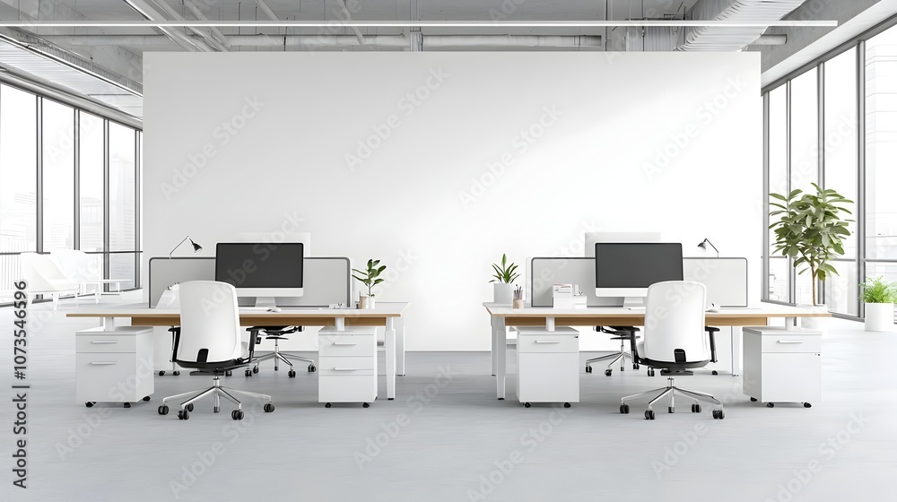Leinwandbilder Minimalistic and modern office workspace design with white tone computer monitors on desks and a blank wall mockup template  Clean bright