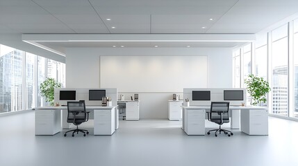 Sleek and Minimalist Modern Office Workspace with White Desks Blank Wall and Simple Layout Perfect for Mockup Template or Product Presentation