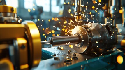 Fototapeta premium High-Precision Metalworking Process with Sparks Flying from Rotating Machinery, Close-Up View of Industrial Equipment in Action
