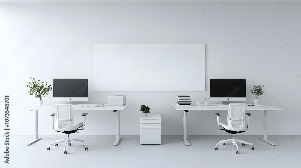 Poster Minimalist and modern office interior design with white tones computer monitors on desks and a blank wall mockup template for branding and digital applications
