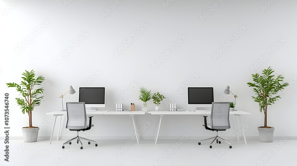 Poster bright and contemporary office interior with clean desks computers and a blank wall template minimal