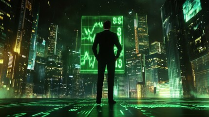 Businessman overlooking a digital cityscape with stock market data.