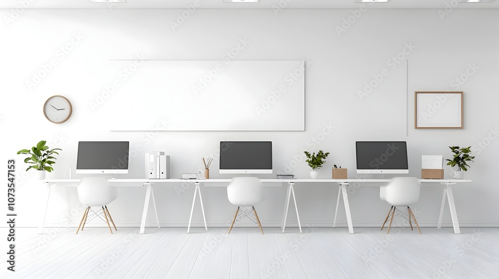 Aufkleber Sleek and Minimalist Contemporary White Office Workspace Setup with Blank Wall for Mockup and 3D Rendering Purposes