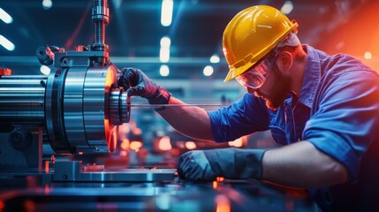 Skilled Worker in Safety Gear Operates Industrial Machinery with Precision in Modern Manufacturing Facility, Highlighting Focus and Expertise in Metalworking Tasks