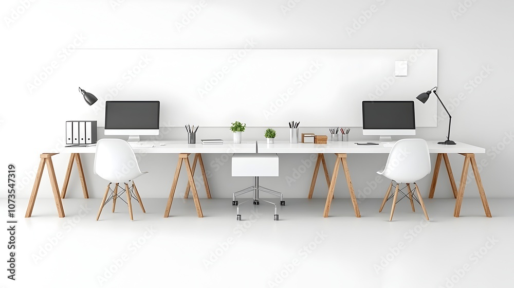 Aufkleber Sleek and Modern White Tone Office Layout with Desks Computers and Blank Wall Perfect for Mockup and Template Design