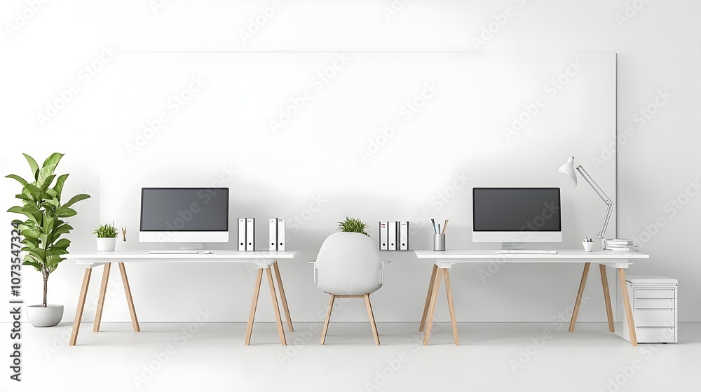 Poster minimalist and clean modern white toned office interior layout with desks computer monitors and a bl