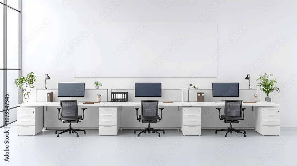 Aufkleber sleek and sophisticated modern white tone office layout with desks computers and blank wall perfect 