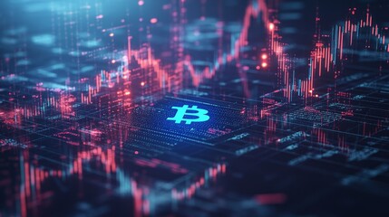 Naklejka premium A digital rendering of a bitcoin symbol on a circuit board with a rising stock chart in the background.