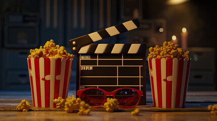 movie clapperboard, popcorn, and glasses in a cartoon style on a black background for a cinema film festival poster, banner, ad, social media post, or other design with copy space