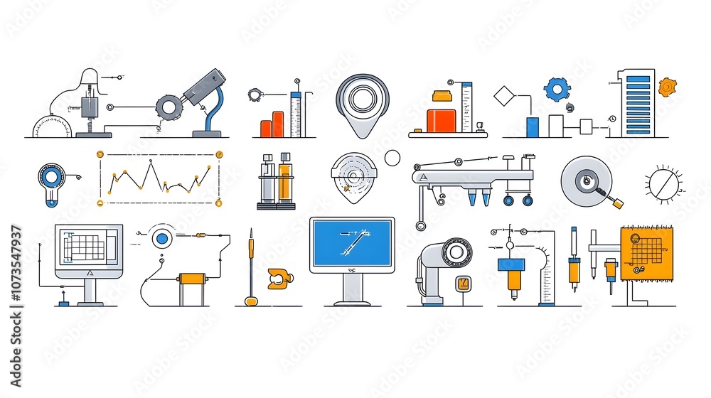 Fototapete Collection of line art style icons representing various symbols and elements related to control testing and inspection processes for web and mobile applications  Includes icons for assurance