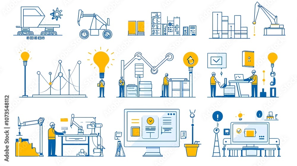 Aufkleber Set of line art assurance icons featuring inspection evaluation and production symbols designed for web applications and software interfaces  The icons represent various workflow analytics
