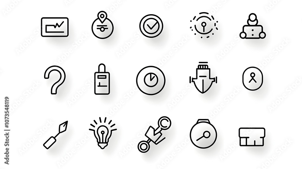 Poster Collection of control icons featuring evaluation inspection and assurance symbols in a minimalist line style on a white background  These icons represent the process of management compliance