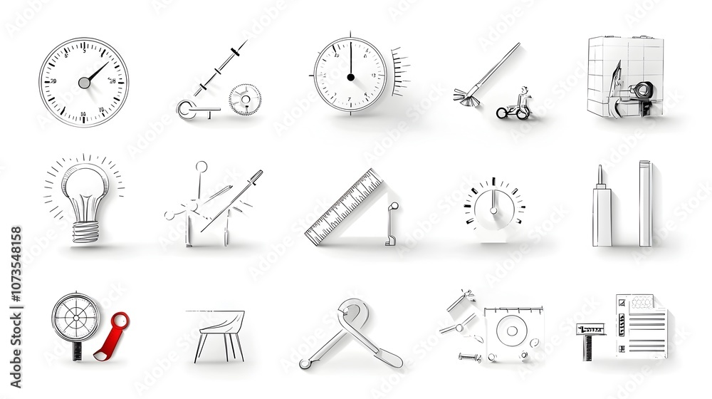 Poster Collection of minimalist line style icons representing control evaluation inspection and assurance processes  These symbols can be used for management certification and technology applications