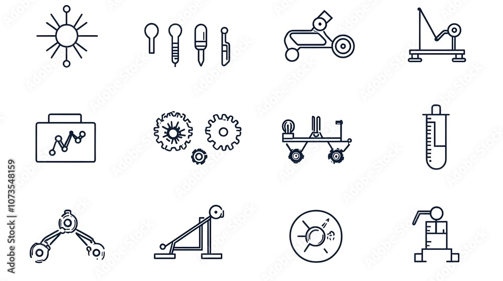 Poster collection of minimalist line art control icons featuring evaluation inspection and assurance symbol