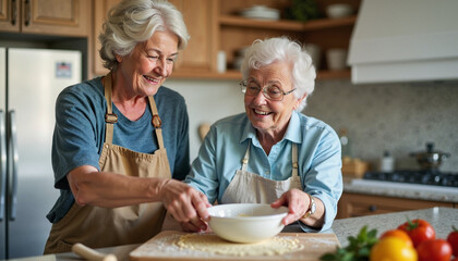 A joyful moment in the kitchen as a caregiver and a woman with Alzheimer's enjoy baking together