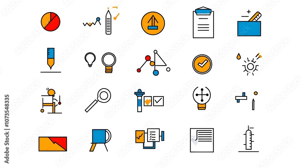 Poster Collection of simple line icons representing control evaluation and assurance symbols on a clean white background  Graphic design elements for technology business and manufacturing processes
