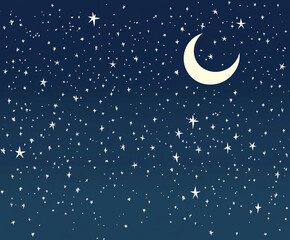 Naklejka premium A blue background with a white crescent and many stars. The stars are scattered and hanging all over the background 