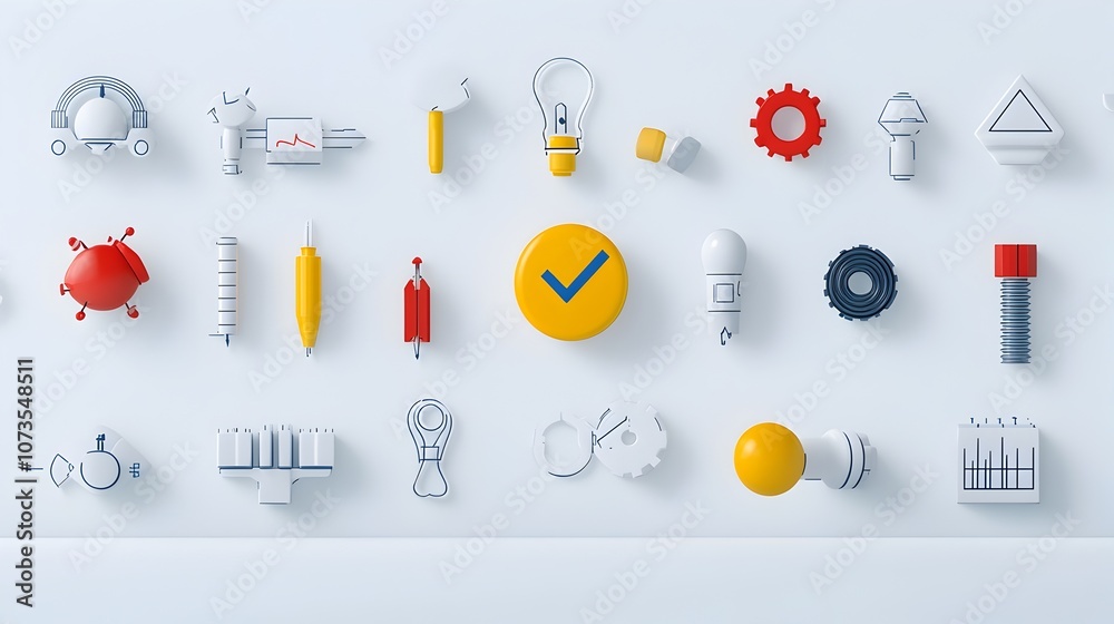 Poster Line style icon set for control with symbols for check production and evaluation on white background  Graphic design elements for industrial manufacturing and business process management