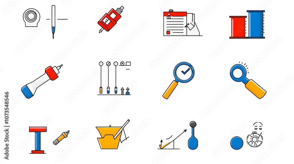 Poster Set of Line Style Icons Representing Control Process and Evaluation Symbols on a Clean White Background  Graphic Design Elements for Business Production Compliance and Inspection Concepts