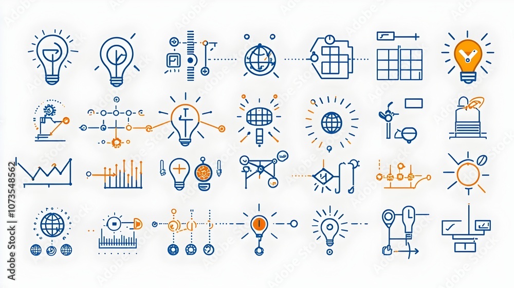 Poster Highly detailed line style icon set depicting symbols for comprehensive control production evaluation and performance assurance  Designed for efficient management of manufacturing testing