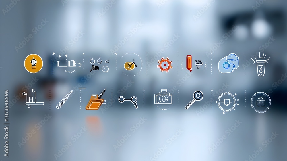 Poster Set of line style icons representing assurance and management concepts on a clean white background  Symbols for check production evaluation and process improvement