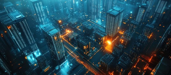 Fototapeta premium Aerial view of a futuristic city at night with glowing lights and skyscrapers.