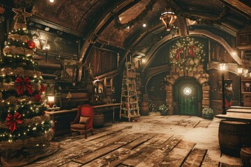 Santa's cozy workshop with a decorated Christmas tree, wreath, and vintage furniture in warm lighting