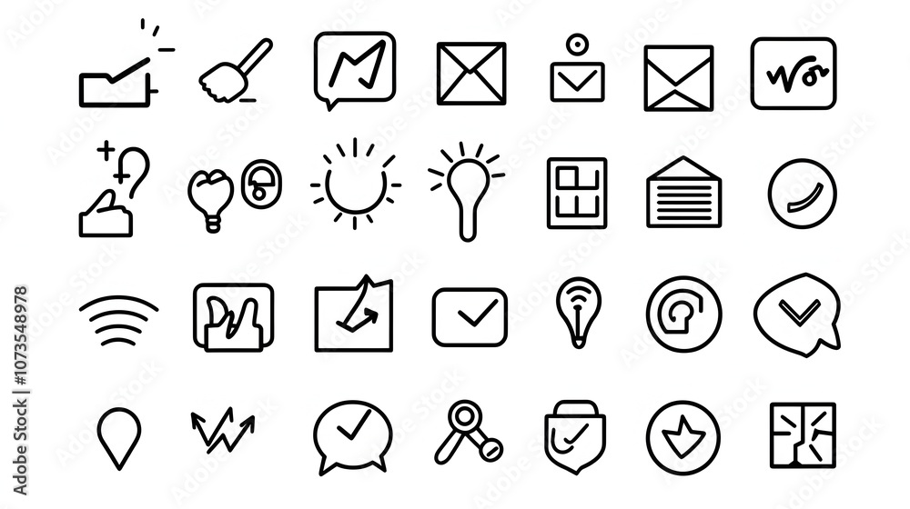 Poster Set of minimalist line art style feedback icons and symbols for mobile app user interface design including review testimonial rating and other UI elements