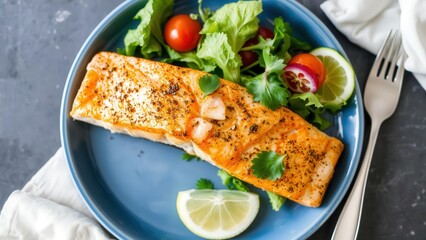 Gourmet Grilled Salmon with Fresh Salad and Lemon - Perfect for Healthy Meals and Diet Plans