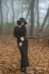 Mysterious Woman in Long Black Dress and Hat Amidst Foggy Autumn Forest