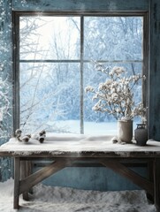 Snowy Window View with Rustic Table and Decorations