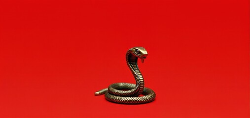 A metallic serpent sculpture on a bright red background showcasing intricate details and craftsmanship