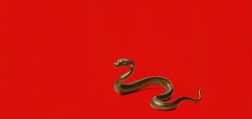 Fototapeta premium A serpent elegantly coiled on a vibrant red background, highlighting its smooth scales and poised demeanor