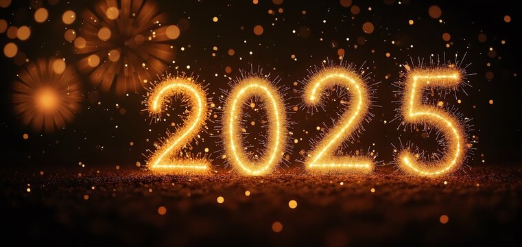 Celebrating the arrival of the New Year 2025 with sparkling numbers and festive lights in a joyful atmosphere
