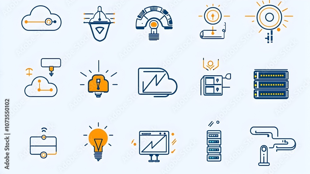 Fototapete Minimalist line style icon set depicting essential elements of web hosting and cloud computing services including domain traffic and server symbols on a clean white background