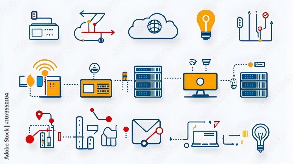 Aufkleber Minimalist web hosting and cloud computing icon set in line style design  Includes symbols for domain traffic server infrastructure and other digital technology services on a clean white background