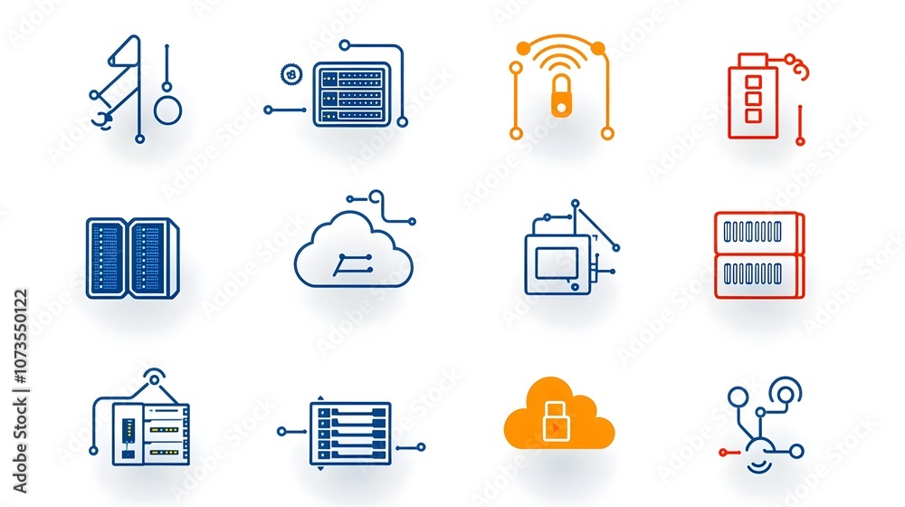 Aufkleber A comprehensive set of minimalist line art icons representing various elements of web hosting and cloud computing services including domain traffic server infrastructure