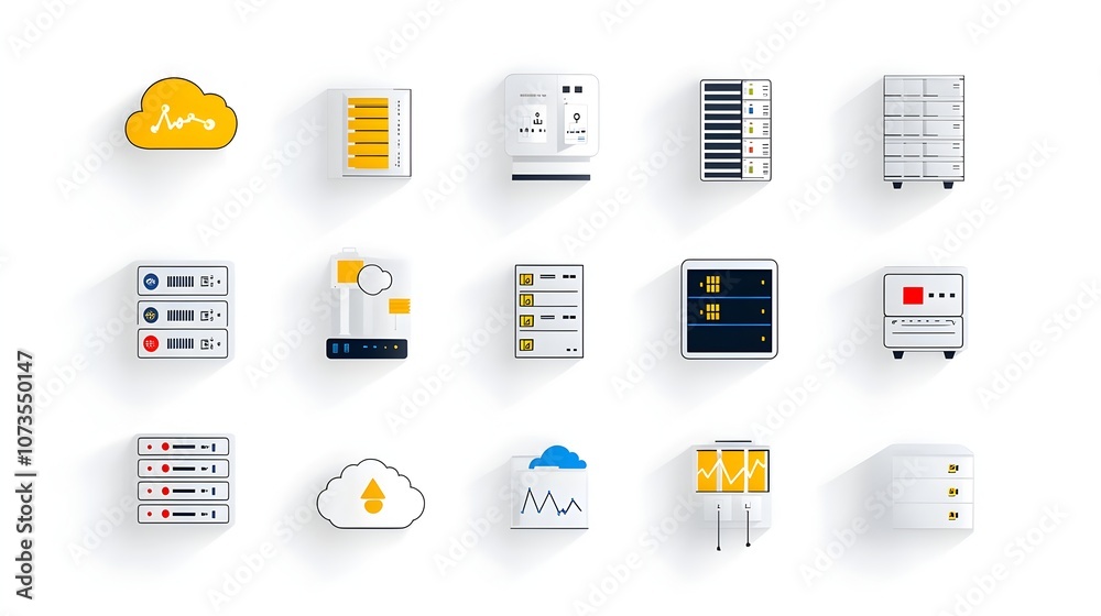 Poster Collection of modern web hosting cloud server data exchange symbols in line art style on clean white background  Minimalist icons for digital technology internet infrastructure and online services