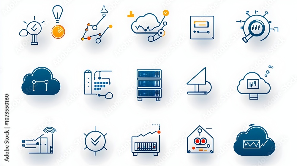 Poster Collection of web hosting icons in modern line style featuring cloud server webspace and data exchange symbols on a clean white background  Technological graphic design elements for website app