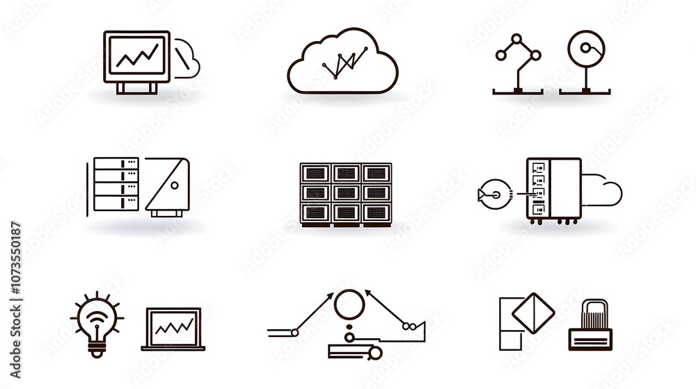 Fototapete A collection of web hosting icons designed in a clean line style featuring cloud server webspace and data exchange symbols set against a white background
