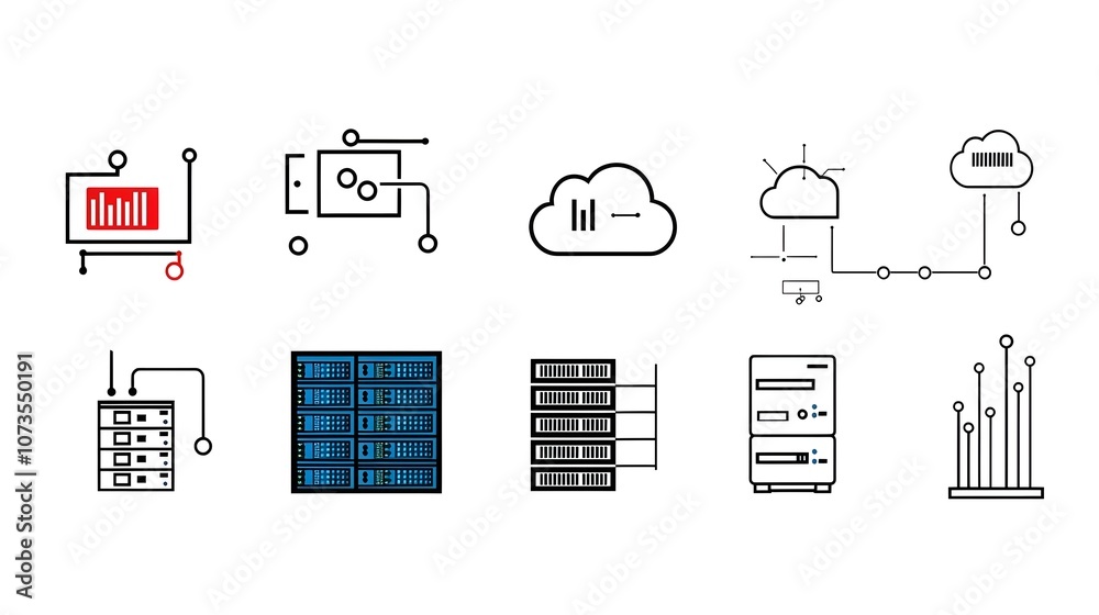 Poster Collection of Web Hosting Icons Featuring Cloud Server Webspace and Data Exchange Symbols Designed in Line Art Style on White Background  Technology Digital and Internet Communication Concept